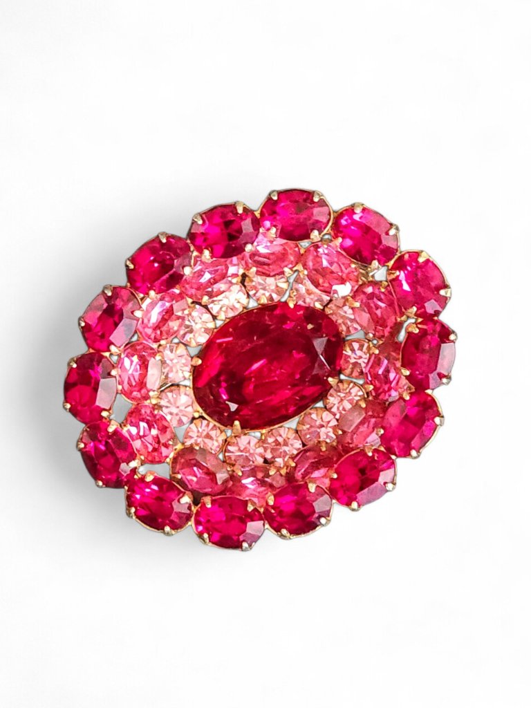 Vintage Kramer Of New York Red & Pink Rhinestone Brooch